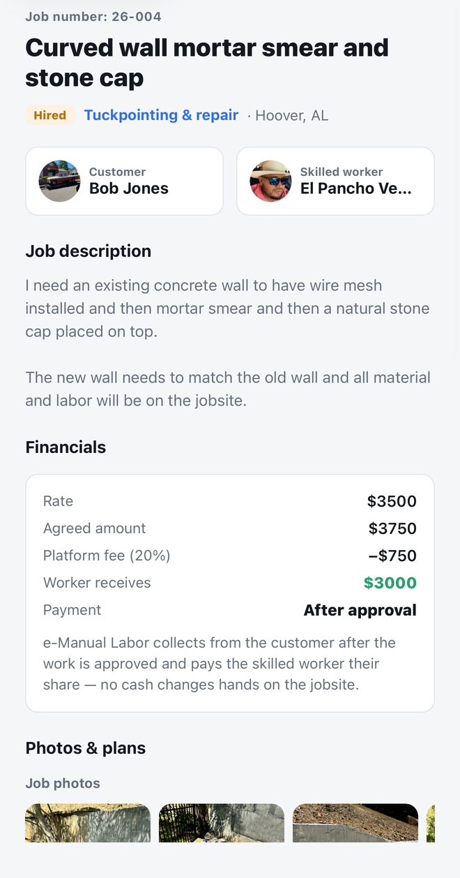 A job in e-Manual Labor showing the rate, the agreed amount, the 20% platform fee, and what the skilled worker receives.